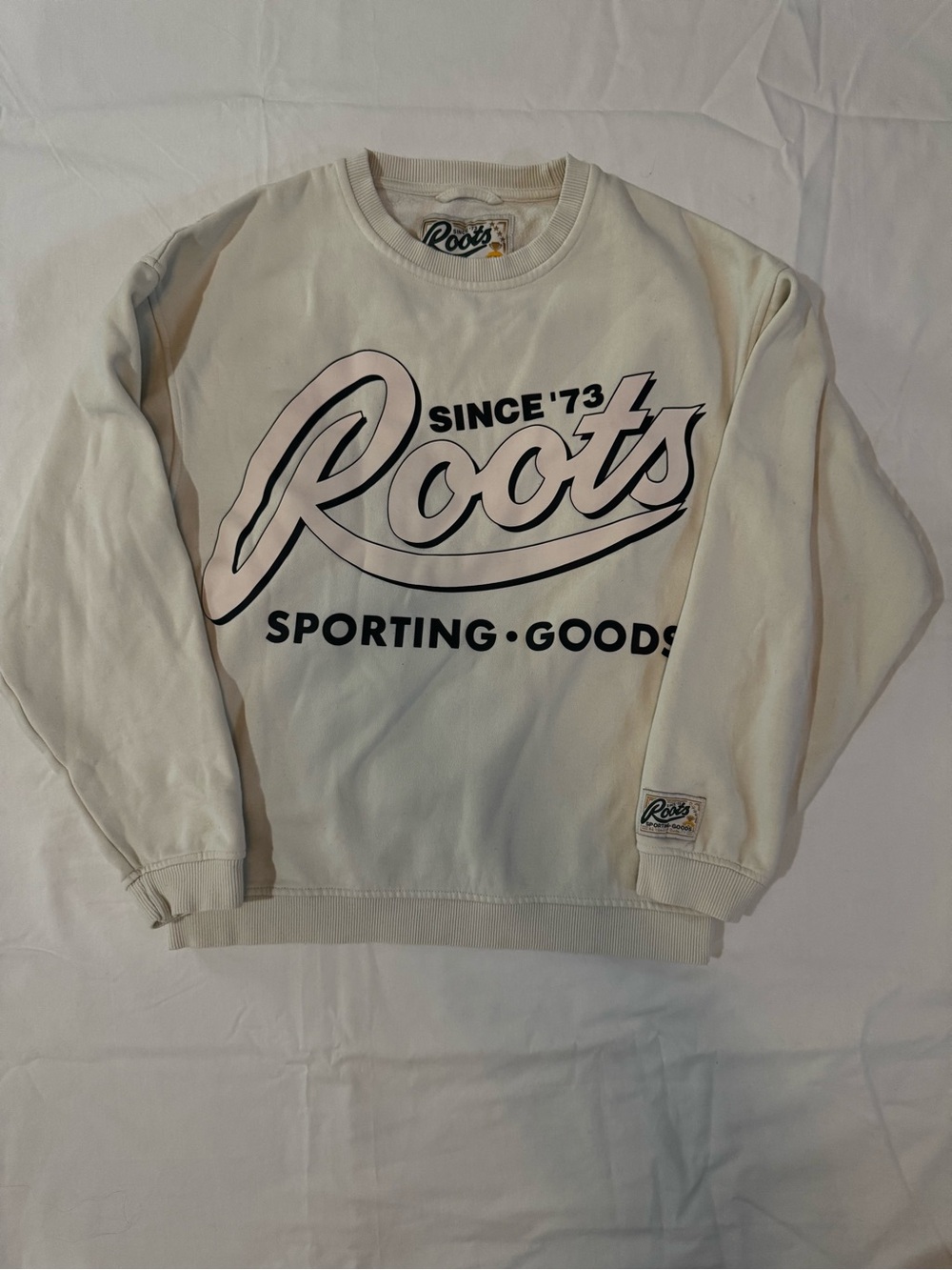 Roots Cream Sporting Goods Spellout Cozy Retro Crewneck Sweatshirt XS